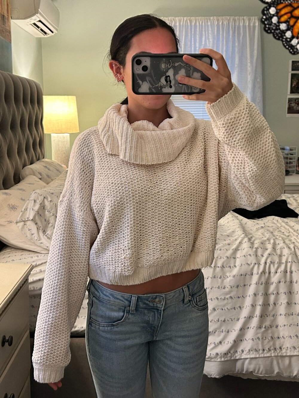 Garage Cream Chunky Knit Cropped Turtleneck Sweater